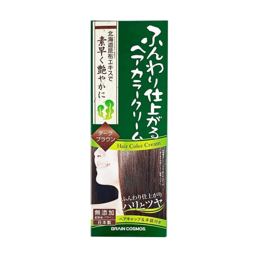 BRAIN COSMOS Rishiri Kelp Hair Color Cream for natural and gentle hair dyeing, enriched with Rishiri Kelp and vitamin E.