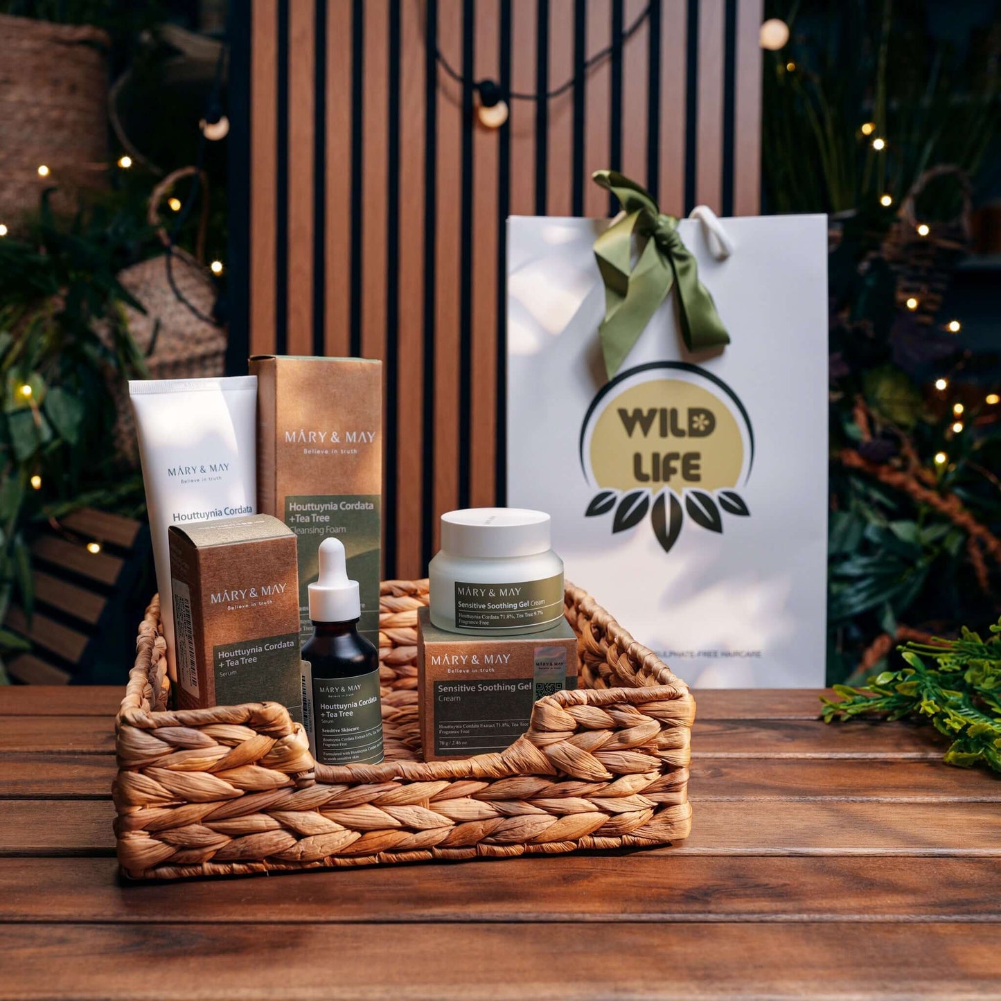 Acne Treatment Set 1 displayed in a basket with organic skincare products for all skin types.