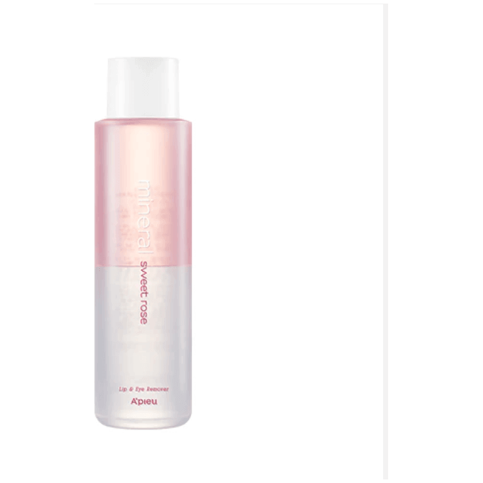 A'pieu Mineral Lip & Eye Makeup Remover in a pink and clear bottle for gentle makeup removal.