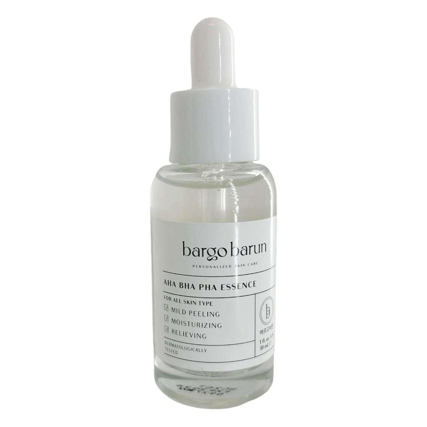 BARGO BARUN AHA BHA PHA Essence 30ml in a clear bottle with dropper for skin care and peeling benefits.