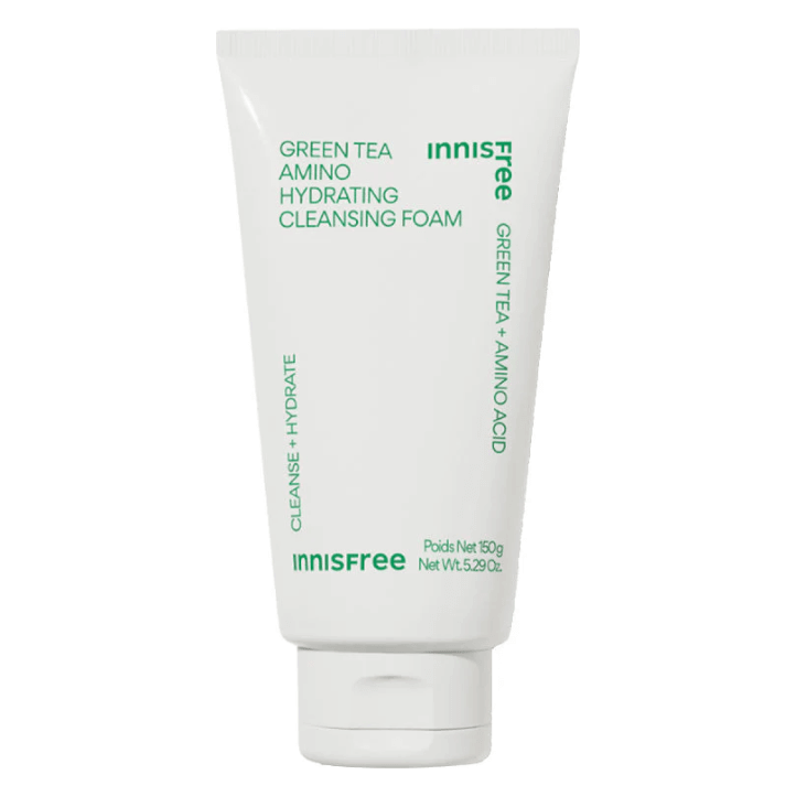 INNISFREE Green Tea Amino Hydrating Cleansing Foam in a white tube with green text, 150g.