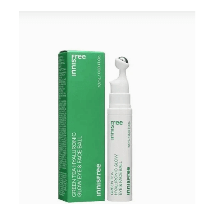 Innisfree Green Tea Hyaluronic Glow Eye & Face Ball packaging and applicator for hydrating skin
