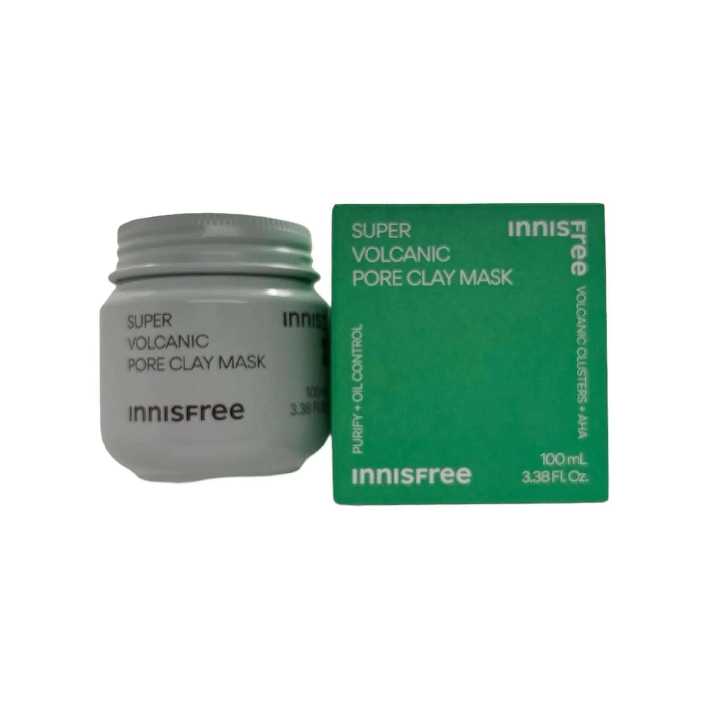 innisfree - Super Volcanic Pore Clay Mask product packaging and jar on a white background