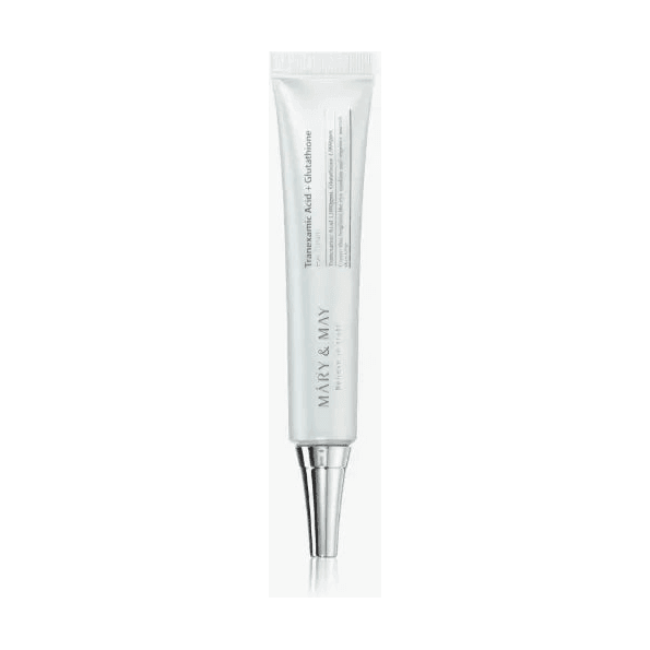 MARY & MAY Tranexamic Acid + Glutathione Eye Cream 30ml in a sleek silver tube.