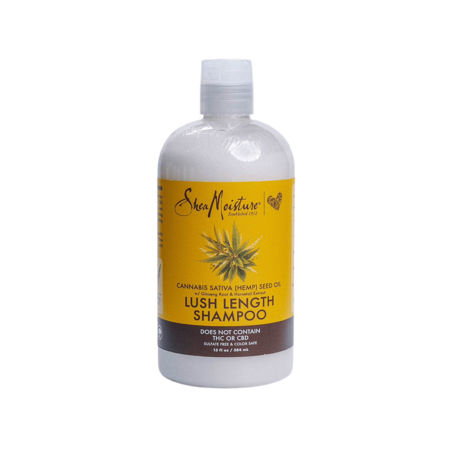 SHEA MOISTURE Cannabis Sativa Hemp Seed Oil Lush Length Shampoo 384ml bottle with yellow label and cannabis leaf design.