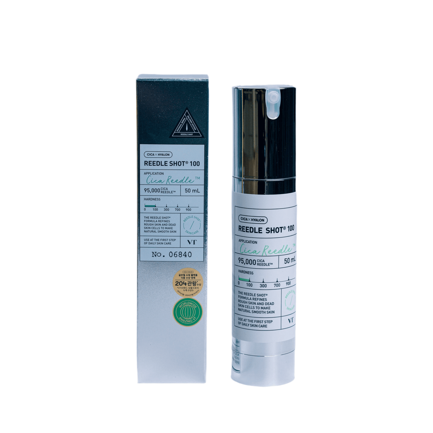 VT Reedle Shot 100 Micro-needlelike Anti-aging product in a bottle and box, designed for youthful skin.