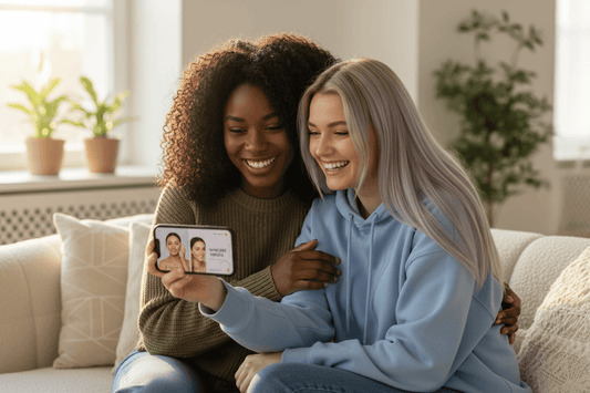 Two friends enjoying a video on skincare, discussing single-ingredient skincare myths together.