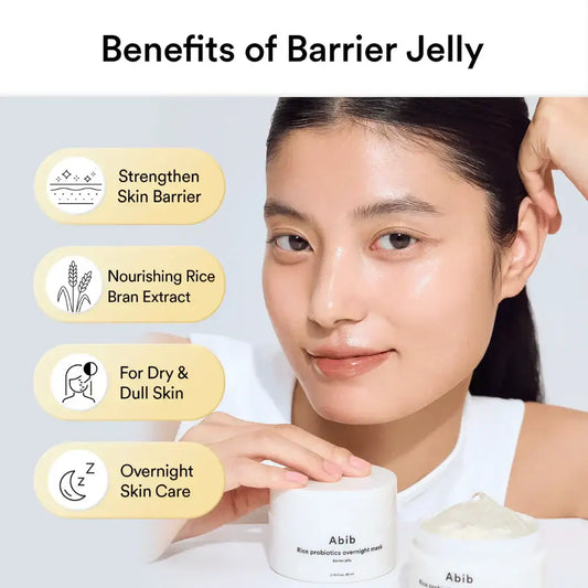 Image showcasing benefits of ABIB Rice Probiotics Overnight Mask Barrier Jelly for skin care.
