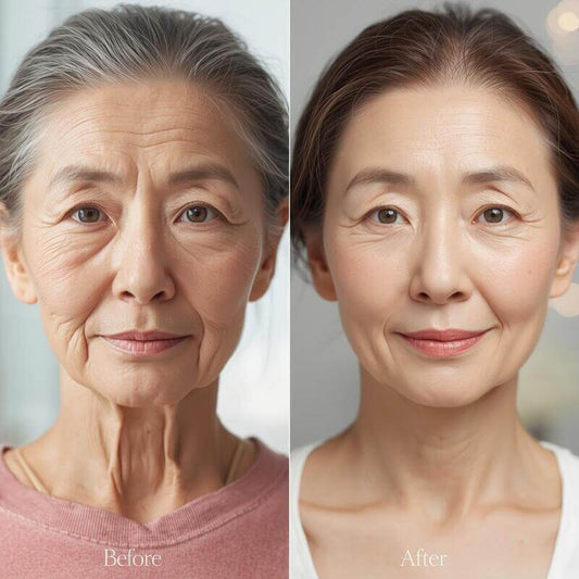 Affordable anti-aging skincare secrets showcased in before and after transformation of woman's face.