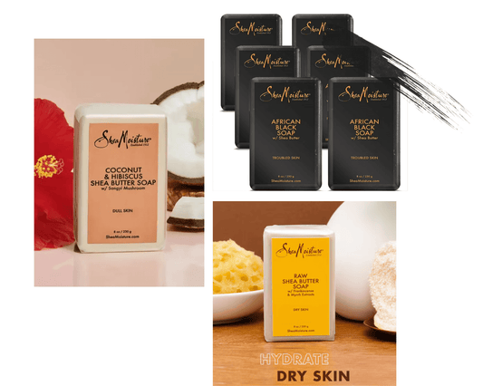 Shea Moisture African Black Soap vs Raw Shea Butter or Coconut Hibiscus Soap displayed with products.