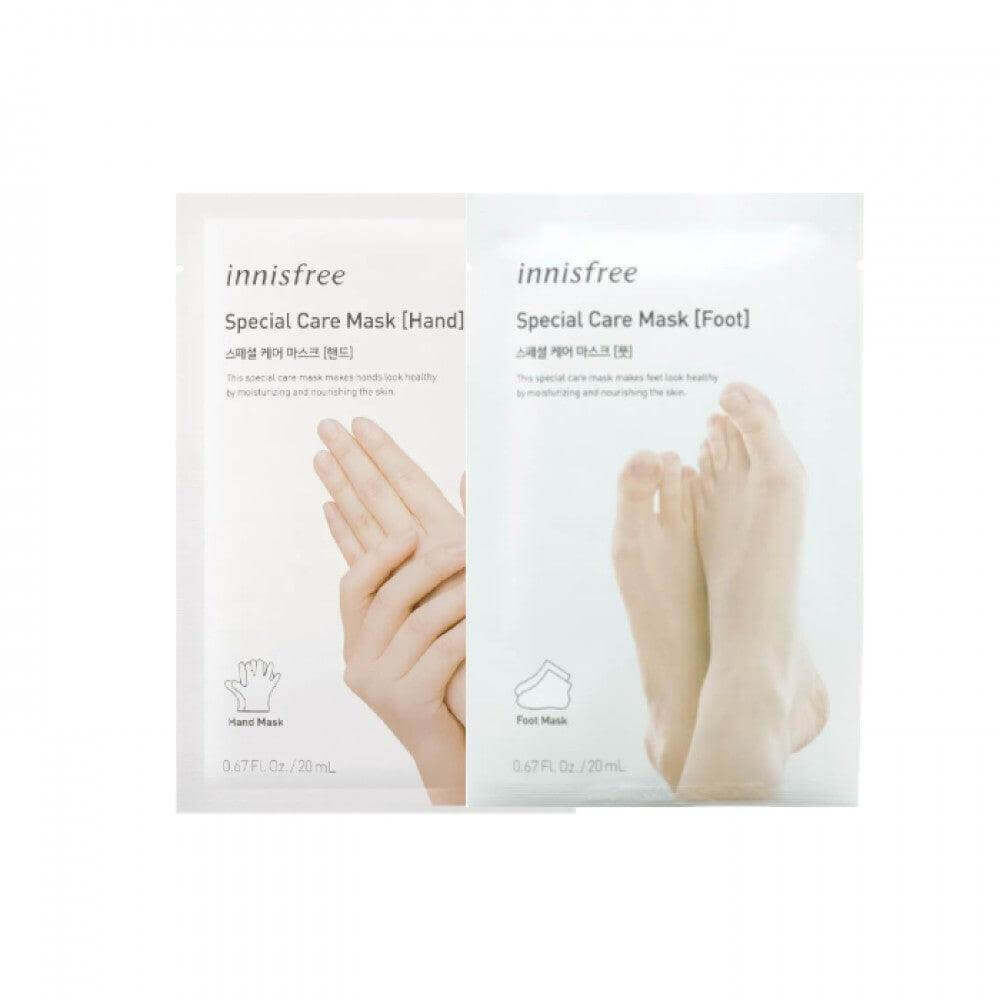 Innisfree foot mask for soft feet and hand mask for soft hands, skincare products for pampering.