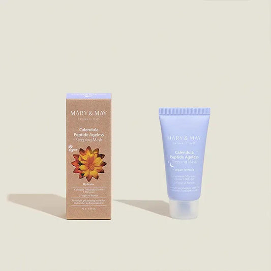 MARY & MAY Calendula Peptide Ageless Sleeping Mask product packaging and tube for youthful skin.