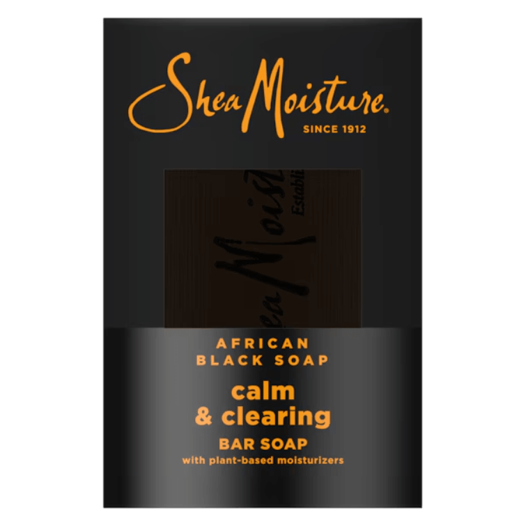 Shea Moisture African Black Soap calm & clearing Bar Soap packaging showcasing its natural ingredients and dermatologist approval.