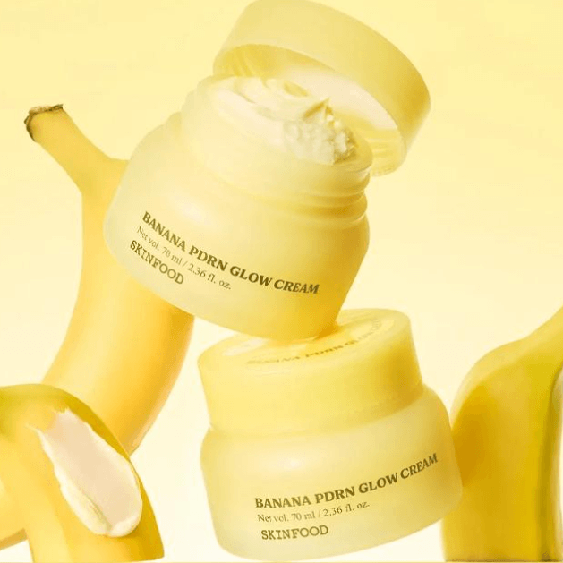 Skinfood Banana PDRN Glow Cream displayed with bananas, showcasing its nourishing and hydrating properties.