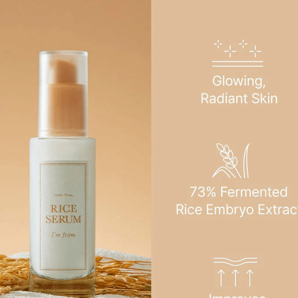 I'm From Rice Serum in a glass bottle highlighting glowing, radiant skin benefits with rice embryo extract.