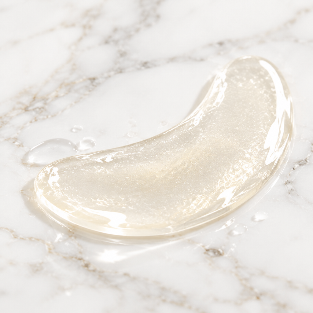 Illustrative close-up of a translucent jelly eye patch on a light surface.