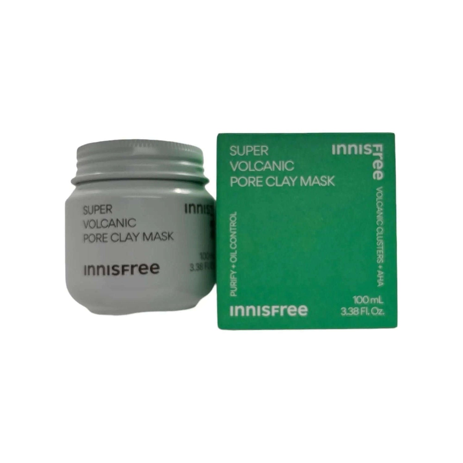 innisfree - Super Volcanic Pore Clay Mask product packaging and jar on a white background
