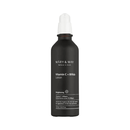 MARY & MAY Vitamin C+Bifida Lotion 120ml in a brown glass bottle with pump for skincare nourishment.