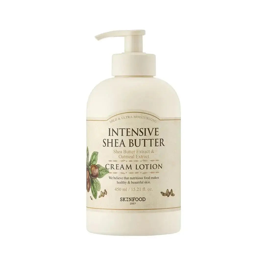 SKINFOOD Intensive Shea Butter Cream Lotion 450ml for ultra-moisturizing hydration with shea butter and oatmeal extract.
